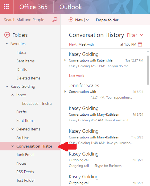 how to show conversation history folder in outlook